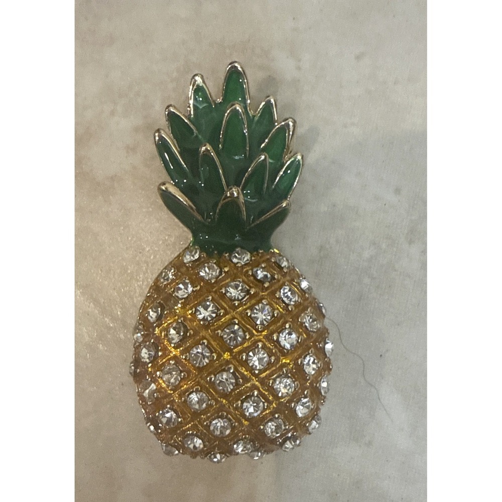 Vintage Figural Brooch‎ PINEAPPLE Rhinestones Enamel Fruit Retro Costume Estate